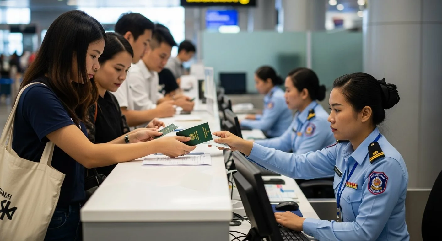 Travelers presenting Cambodia eVisa at immigration checkpoint at airport