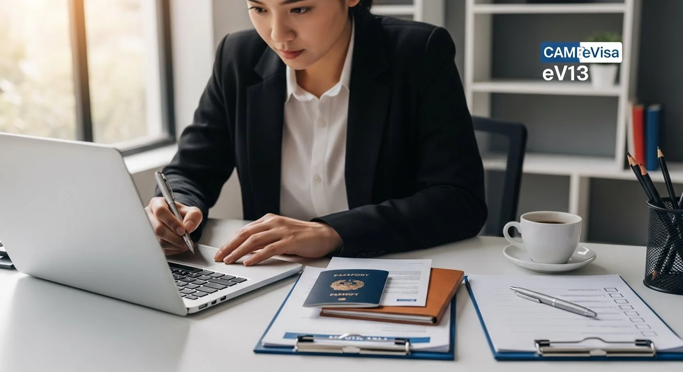 Professional traveler completing urgent Cambodia eVisa application on laptop